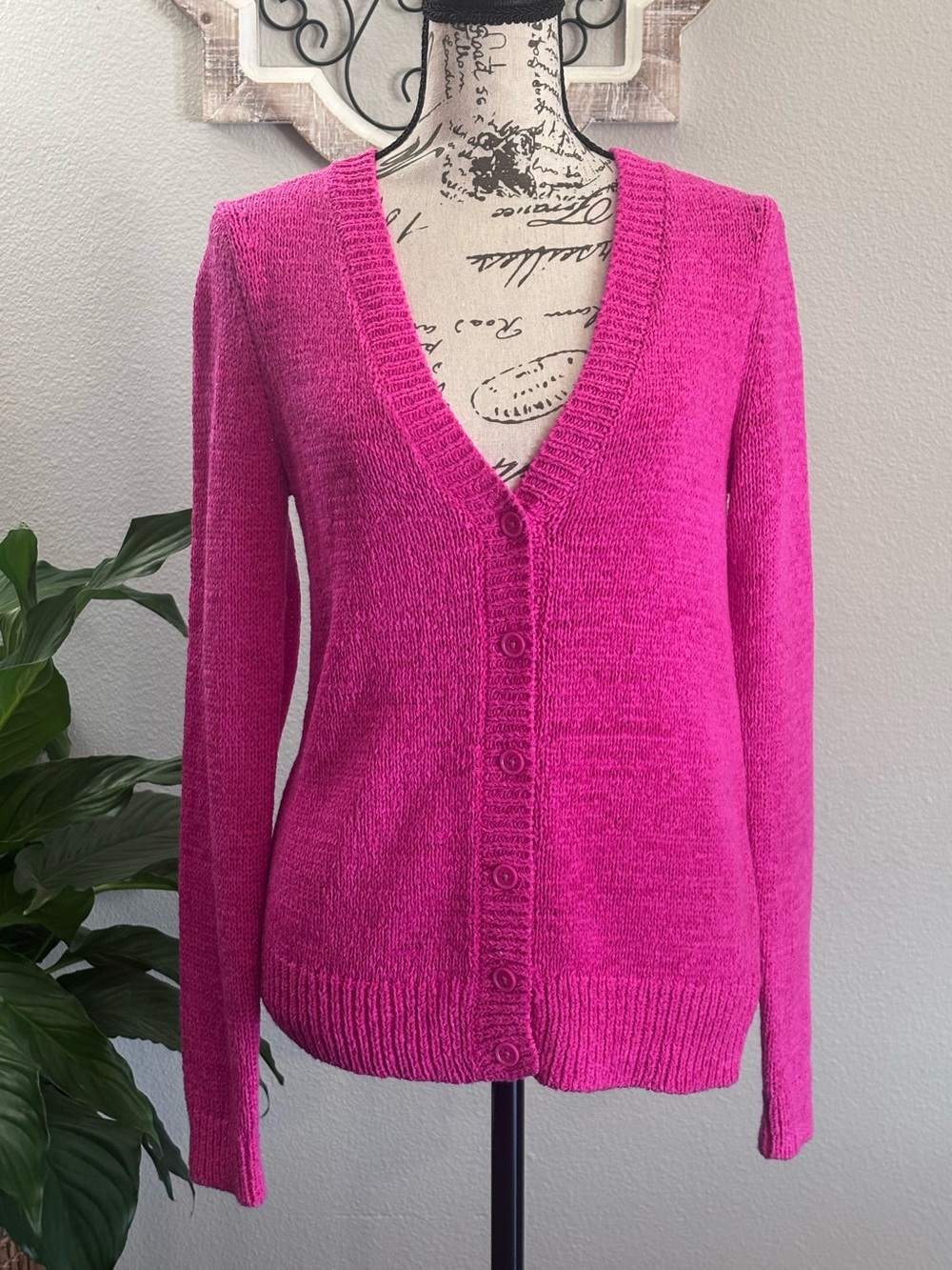 LOFT Bright Fuchsia V-Neck Button Cardigan
